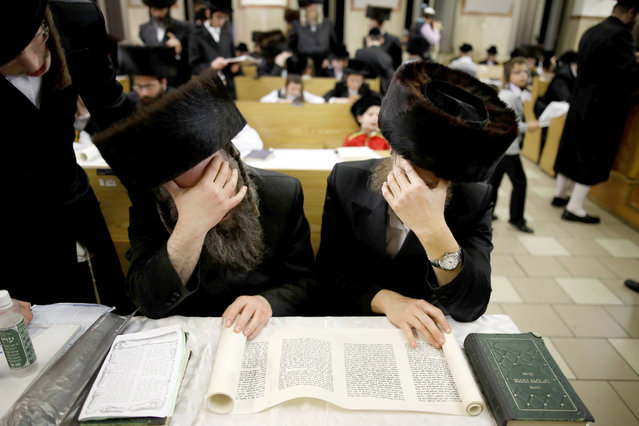 Ultra-Orthodox Jewish men take part in the reading from the Book of Esther ceremony performed on the Jewish holiday of Purim, in a synagogue in Ashdod, Israel March 11, 2017. (Photo by Amir Cohen/Reuters)