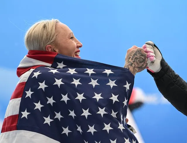 Kaillie Humphries of the United States celebrates after the bobsleigh women's monobob competition of Beijing 2022 Winter Olympics at National Sliding Centre in Yanqing District, Beijing, capital of China, February 14, 2022. (Photo by Xinhua News Agency/Rex Features/Shutterstock)