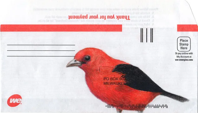 The drawings on bills explore a common stressor among creative people – paying bills and managing finances. A tanager appears on an envelope. (Photo by Paula Swisher/Caters News)