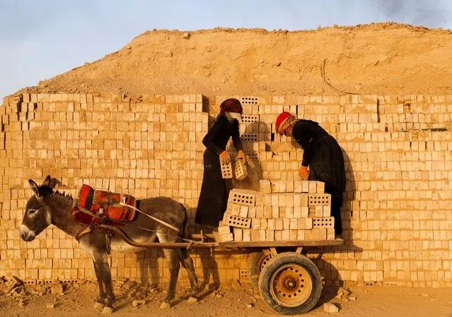 Labourers work at a brick factory construction site, in the town of Nahrawan near Baghdad, Iraq on March 8, 2022. (Photo by Ahmed Saad/Reuters)