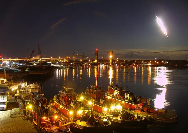 In this frame from video provided by portsmouthwebcam.com, a fireball streaks across the sky at Portsmouth Harbor early Tuesday, May 17, 2016, in Portsmouth, N.H. The bright flash visible from several states was apparently left by a meteor burning up as it passed through Earth's atmosphere. (Photo by Mike McCormack/Portsmouthwebcam.com via AP Photo)