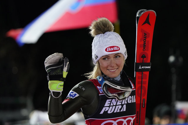United States' Mikaela Shiffrin walks to the podium after taking second place in an alpine ski, women's World Cup slalom in Zagreb, Croatia, Saturday, January 4, 2020. (Photo by Giovanni Auletta/AP Photo)