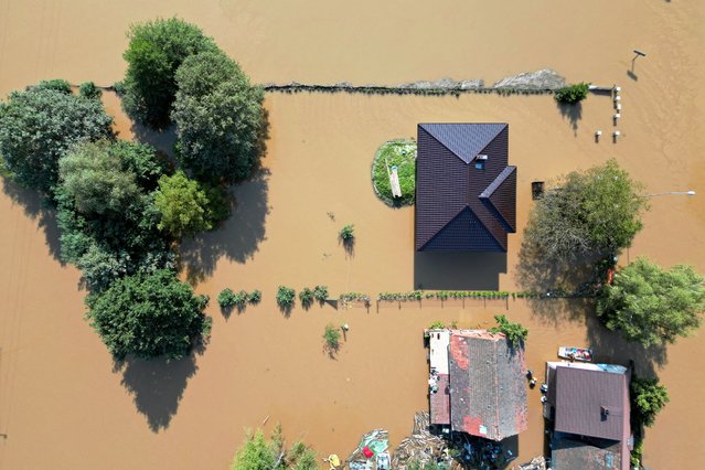 A drone view shows a flooded area in Szprotawa, Poland, on September 18, 2024. (Phoot by Lukasz Cynalewski/Agencja Wyborcza.pl via Reuters)