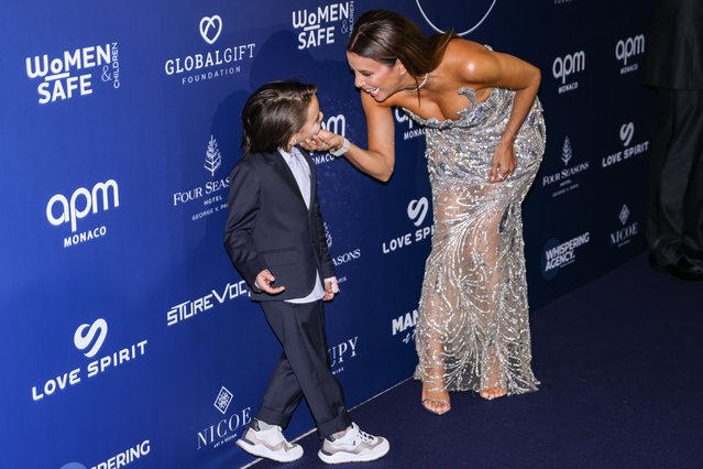 (L-R) Santiago Enrique Baston and American actress Eva Longoria attend the “Global Gift Gala” Photocall at Four Seasons Hotel George V on October 5, 2024 in Paris, France. (Photo by Lyvans Boolaky/Getty Images)