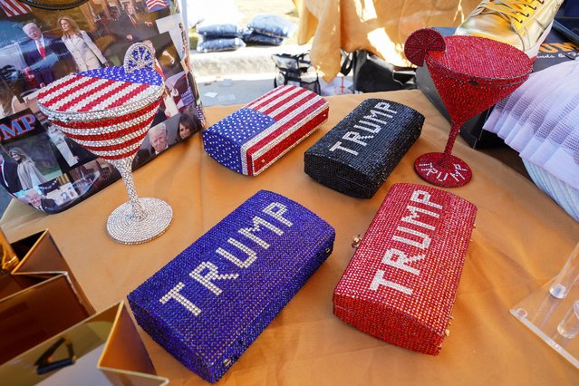 Bags are being sold to supporters of Republican presidential nominee and former President Donald Trump ahead of a campaign stop called Believers and Ballots Faith Town Hall at Christ Chapel in Zebulon, Georgia on October 23, 2024. (Photo by Megan Varner/Reuters)