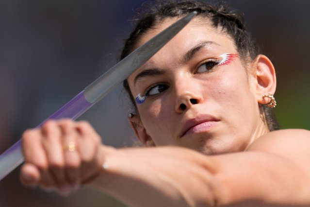 Auriana Lazraq-Khlass, of France, makes an attempt in the Heptathlon-javelin during the World Athletics Championships in Budapest, Hungary, Sunday, August 20, 2023. (Photo by Bernat Armangue/AP Photo)