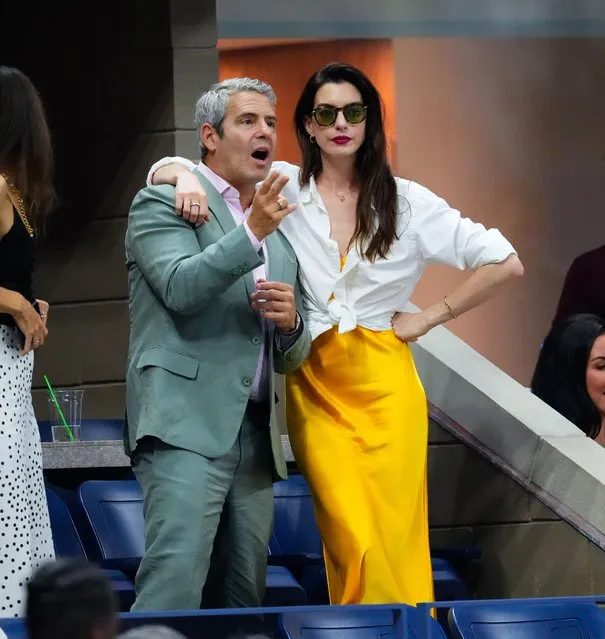 American actress Anne Hathaway and American television talk show host Andy Cohen attend the 2022 US Open Championship match at USTA Billie Jean King National Tennis Center on September 11, 2022 in the Flushing neighborhood of the Queens borough of New York City. (Photo by Gotham/GC Images)