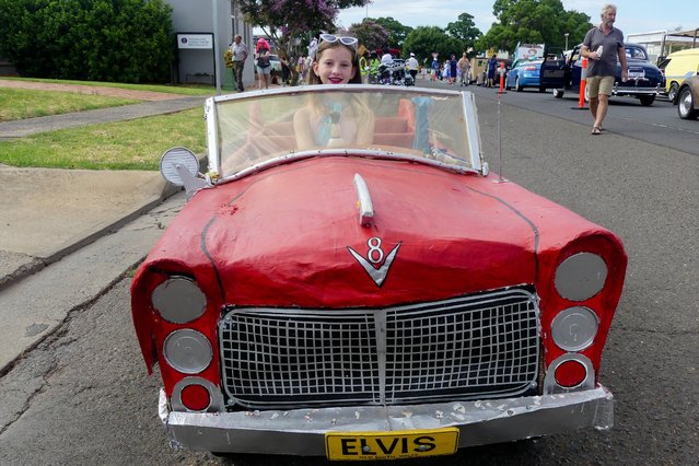 Elvis Presley lookalikes, fans and admirers take part in a parade at the Parkes Elvis Festival, in Parkes, Australia, 11 January 2025. The 32nd year of the festival is themed around Presley's 1967 film “Easy Come, Easy Go” and marks what would have been his 90th birthday. (Photo by Stephanie Gardiner/EPA/EFE)