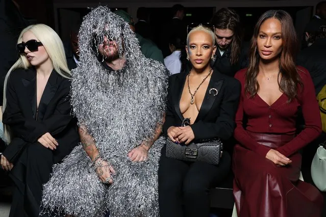 (L to R) American singer and songwriter Ava Max, Brett Los Angeles based creative director and celebrity wardrobe stylist Alan Nelson, American rapper Doja Cat and Puerto Rican model and television personality Joan Smalls attend the Lanvin Womenswear Spring/Summer 2023 show as part of Paris Fashion Week on October 03, 2022 in Paris, France. (Photo by Pascal Le Segretain/Getty Images)