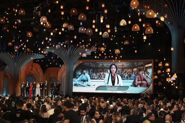 Hiroyuki Sanada, from left, Tadanobu Asano, Anna Sawai, Hiroto Kanai, Moeka Hoshi, Tommy Bastow, and Shinnosuke Abe accept the award for outstanding performance by an ensemble in a drama series for “Shogun” during the 31st annual Screen Actors Guild Awards on Sunday, February 23, 2025, at the Shrine Auditorium in Los Angeles. (Photo by Chris Pizzello/AP Photo)