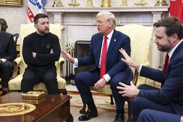 Ukrainian President Volodymyr Zelensky, left, gets into an argument with US President Donald Trump, center, and Vice President JD Vance during a disastrous meeting in the White House Oval Office on Friday, February 28, 2025. The meeting was supposed to lead into the signing of a mineral rights deal, but instead, the Ukrainians were instructed to leave and Trump ordered a pause on shipments of US military aid. (Photo by Jim Lo Scalzo/EPA/EFE/Rex Features/Shutterstock)