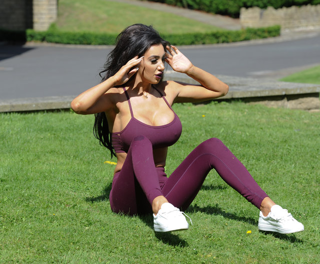 X Factor and Celebrity Big Brother starlet Chloe Khan is seen working up a sweat at her luxury home on August 30, 2016. The CBB star squeezed into a pair of super-tight leggings and a teeny crop top for a very public workout. (Photo by Palace Lee)