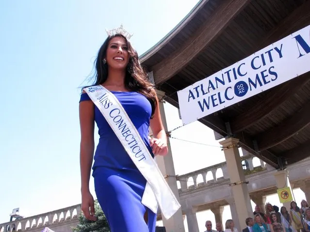This Tuesday, August 30, 2016 photo shows Miss Connecticut Alyssa Rae Taglia at a welcoming ceremony for Miss America contestants in Atlantic City. The first night of preliminary competition in this year's pageant will be held Tuesday, September 6, 2016, with the new Miss America being crowned on Sunday night. (Photo by Wayne Parry/AP Photo)