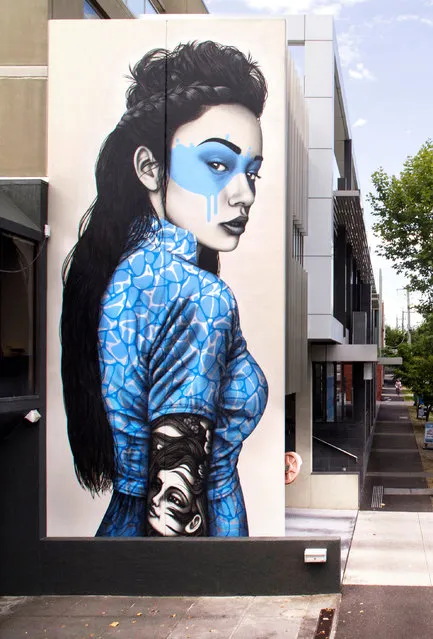 Fin DAC, Brighton. Irish artist Fin DAC is based in London but painted one of his distinctive masked women in Brighton when he visited Melbourne in early 2016. She is one of his series of Hidden Beauties. Fin travels the globe, painting each of his female characters with a splash of colour over their eyes. On his recent Antipodean trip he also painted an enormous figure on the ground in Sydney. She is extra special because she can only be truly appreciated from above. (Photo by Lou Chamberlin/The Guardian)