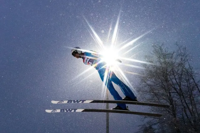 Piotr Zyla of Poland in action during the qualification round of the men's FIS Ski Jumping World Cup in Engelberg, Switzerland, 16 December 2022. (Photo by Philipp Schmidli/EPA/EFE)