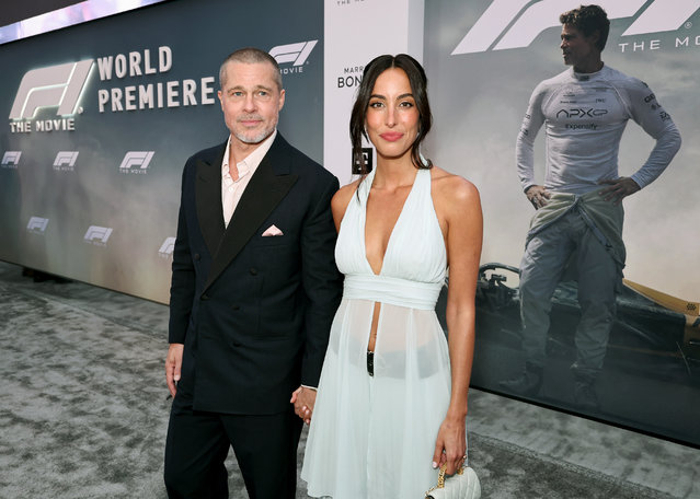 Brad Pitt and Ines de Ramon attend the World Premiere of F1® The Movie in Times Square on June 16, 2025 in New York City. (Photo by Jamie McCarthy/Getty Images for Warner Bros. Pictures)