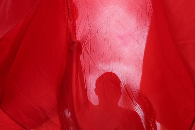 A pro-China supporter stands behind the Chinese national flag at an event celebrating the 28th anniversary of Hong Kong's handover to Chinese rule, in Hong Kong, China, on July 1, 2025. (Photo by Tyrone Siu/Reuters)
