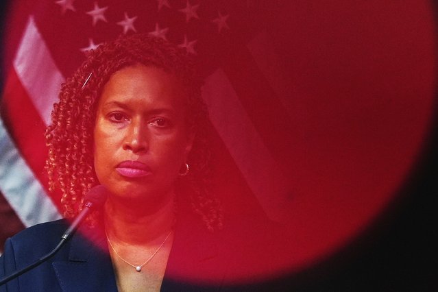 D.C. Mayor Muriel Bowser listens during a news conference on President Donald Trump's plan to place the city's police under federal control and deploy National Guard troops, in Washington, August 11, 2025. (Photo by Julia Demaree Nikhinson/AP Photo)