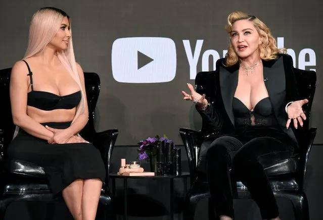 Kim Kardashian West and Madonna speak onstage at MDNA SKIN hosts Madonna and Kim Kardashian West for a beauty conversation at YouTube Space LA on March 6, 2018 in Los Angeles, California. (Photo by Kevin Mazur/Getty Images for Madonna's MDNA SKIN)