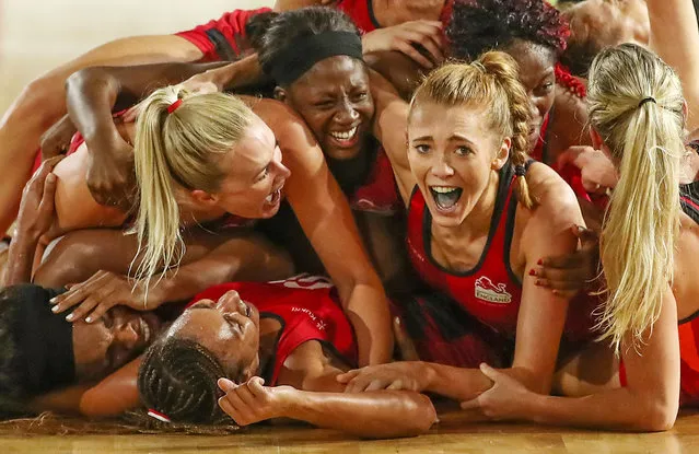 Helen Housby, who scored in the final second and her England teammates celebrate at full time and winning the Netball Gold Medal Match between England and Australia on day 11 of the Gold Coast 2018 Commonwealth Games at Coomera Indoor Sports Centre on April 15, 2018 on the Gold Coast, Australia. (Photo by Scott Barbour/Getty Images)