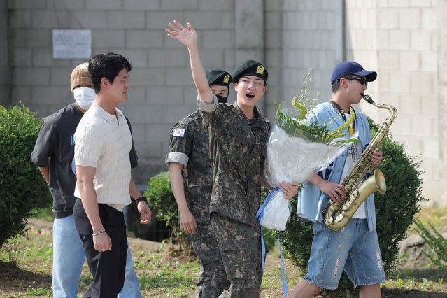 K-pop boy band BTS member Jin leaves after being discharged from the military in Yeoncheon, South Korea, on June 12, 2024. (Photo by Yonhap via Reuters)
