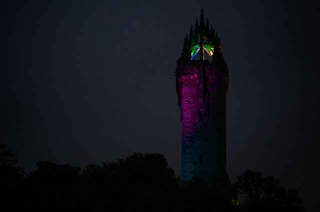 The National Wallace Monument is illuminated on bright rainbow colours specially for Stirling Pride on September 21, 2024 in Stirling, Scotland. This is the first Pride Event to take place in Stirling and the Forth Valley. It comes after nearly 300 Forth Valley residents filled out a survey from Creative Stirling, LGBT Youth Scotland, and the University of Stirling which sought to gauge levels of support for a Pride event in the Forth Valley. (Photo by Ben Montgomery/Getty Images)