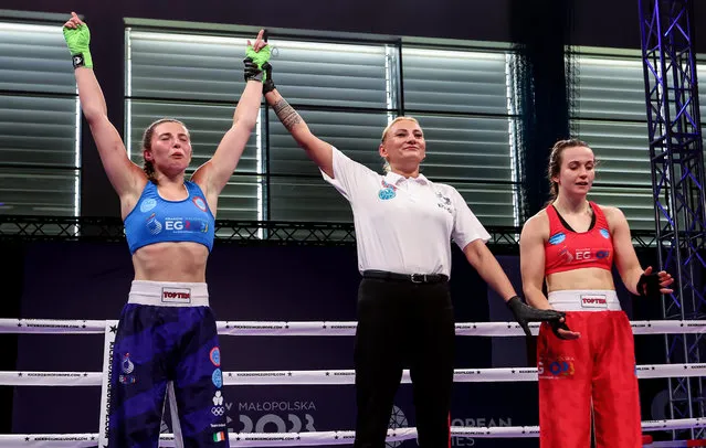 Ireland’s Amy Wall is declared the winner against Mariell Gaassan Straume of Norway in the Women's Full Contact -60 kg Final Bout at the 2023 European Games in Myslenice, Poland on July 2, 2023. (Photo by Travis Prior/INPHO)