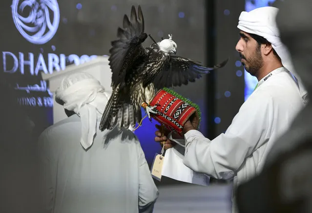 Falconry auction takes place at the Abu Dhabi International Hunting and Equestrian Exhibition in ADNEC on September 7, 2023, (Photo by Abu Dhabi. Khushnum Bhandari/The National)