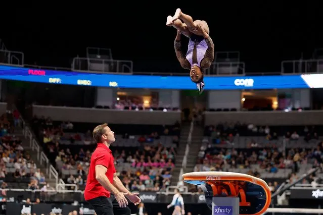 US gymnast Simone Biles lands a Yurchenko double pike as she competes in the Vault during day two of the US Gymnastics Championships at SAP Center in San Jose, California, on August 25, 2023. (Photo by Paul Kuroda/AFP Photo)