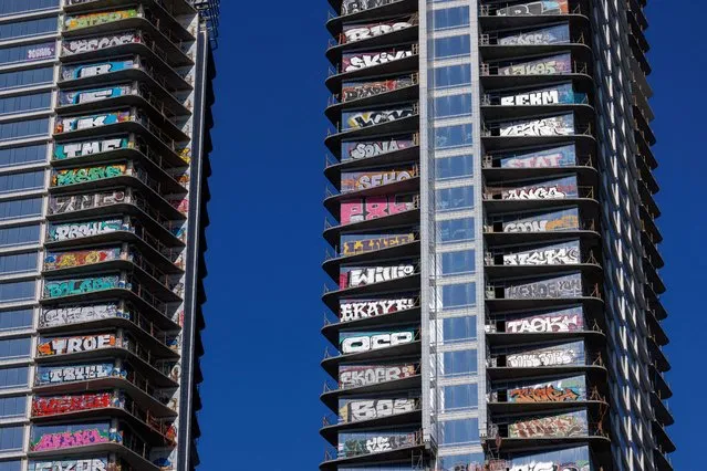 A view of unfinished high-rise towers in downtown that have attracted graffiti artists after the developer ran out of money in Los Angeles, California, U.S., February 22, 2024. (Photo by Mike Blake/Reuters)