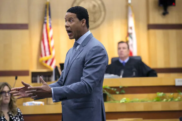 Brian Watkins, an attorney for former NFL football player Kellen Winslow Jr., gives his opening statement to the jury during Winslow's rape trial, Monday, May 20, 2019, in Vista, Calif. (Photo by John Gibbins/The San Diego Union-Tribune via AP Photo/Pool)