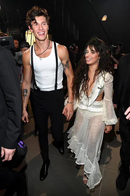 Canadian singer-songwriter Shawn Mendes and Cuban-American singer-songwriter Camila Cabello backstage during the 2019 MTV Video Music Awards at Prudential Center on August 26, 2019 in Newark, New Jersey. (Photo by Kevin Mazur/WireImage)