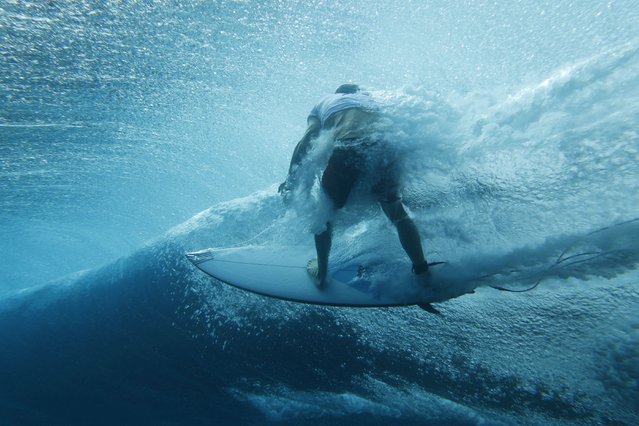 United States' Griffin Colapinto takes part in a surfing training session in Teahupo'o off the French Polynesian Island of Tahiti, Monday, July 22, 2024, ahead of the Paris Olympic Games. (Phoot by Ben Thouard/Pool Photo via AP Photo)