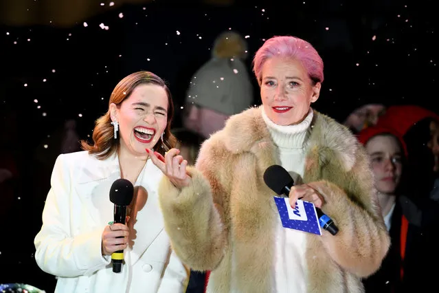 Emilia Clarke and Emma Thompson singing Last Christmas after switching the Covent Garden Christmas lights on in London, England on November 12, 2019. (Photo by James Veysey/Rex Features/Shutterstock)
