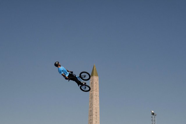 Argentina's Jose Torres Gil takes part in a BMX freestyle training session during the Paris 2024 Olympic Games at La Concorde in Paris on July 29, 2024. (Photo by Jeff Pachoud/AFP Photo)