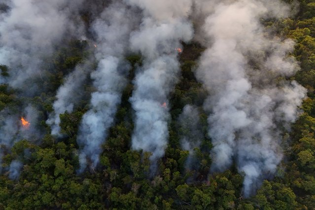 A drone view shows smoke rising from wildfires in Brasilia National Park, in Brasilia, Brazil, on September 15, 2024. (Photo by Ueslei Marcelino/Reuters)