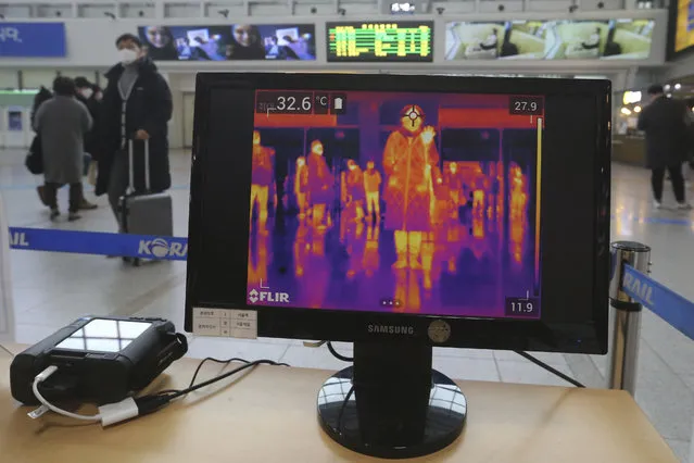 A thermal camera monitor shows the body temperature of people at the Seoul Railway Station in Seoul, South Korea, Friday, February 21, 2020. South Korea reported 100 new virus cases Friday, bringing the country's total to 204, many of them clustered around a southeastern city, and raising fears that the outbreak is getting out of control. (Photo by Ahn Young-joon/AP Photo)