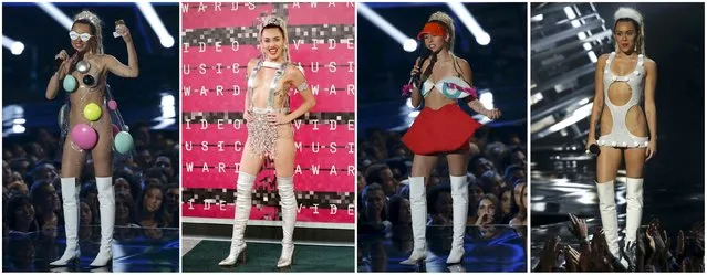Combination picture shows a variety of outfits worn by show host Miley Cyrus at the 2015 MTV Video Music Awards in Los Angeles, California August 30, 2015. (Photo by Mario Anzuoni/Danny Moloshok/Reuters)