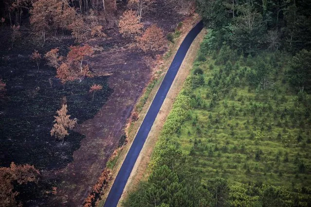 This aerial view taken on July 29, 2022 shows burnt forest after wildfires near Landiras, southwestern France. The Gironde prefecture said the two fires, which have destroyed 20,800 hectares of forest in Gironde over the past 10 days and led to the evacuation of more than 36,000 people, are fixed but that firefighters still need to remain on site to monitor for possible recurrences. (Photo by Thibaud Moritz/AFP Photo)