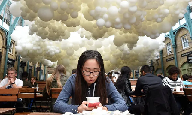 A young woman looks at her mobile phone under the installation “Heartbeat” by French visual artist Charles Petillon at Covent Garden market in London, Britain, 26 August 2015. The artwork containing of 100,000 white balloons stretches for 54 metres long and 12 metres wide. (Photo by Facundo Arrizabalaga/EPA )