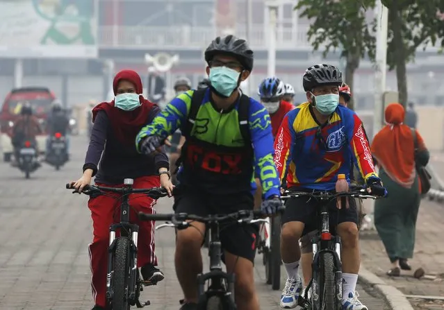 Residents ride their bicycles through a haze shrouded street in Palembang, on the Indonesian island of Sumatra, September 20, 2015. (Photo by Reuters/Beawiharta)