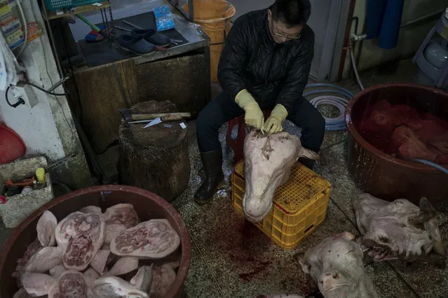 A man cleans a cow's head for sale at the traditional market in Gangneung, South Korea, Tuesday, February 13, 2018. (Photo by Felipe Dana/AP Photo)