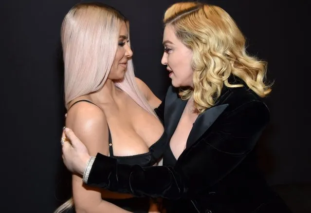 Kim Kardashian west and Madonna backstage at MDNA SKIN hosts Madonna and Kim Kardashian West for a beauty conversation at YouTube Space LA on March 6, 2018 in Los Angeles, California. (Photo by Kevin Mazur/Getty Images for Madonna's MDNA SKIN)