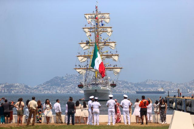 The Mexican Navy's Training Ship, Cuauhtemoc, prepares to set sail from Acapulco, Mexico, 06 May 2024. The training ship Cuauhtemoc, with a record number of women, will embark on a more than seven-month journey, visiting three continents and ten countries, including the United States and China. (Photo by David Guzman/EPA/EFE)