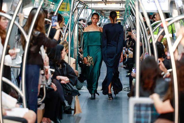 Models present creations by Gloria Coelho during a fashion show on a subway train at Sao Paulo Fashion Week, in Sao Paulo, Brazil, 13 October 2025. (Photo by Sebastião Moreira/EPA)