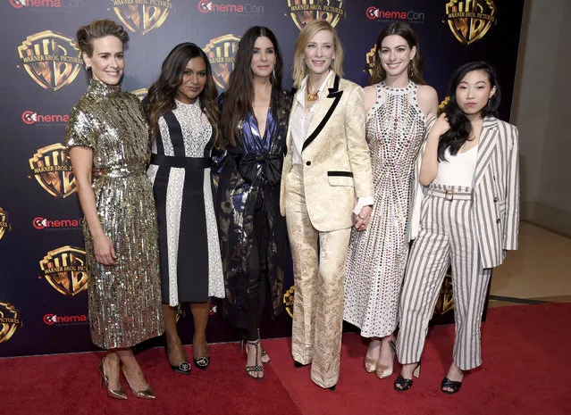 Sarah Paulson, from left, Mindy Kaling, Sandra Bullock, Cate Blanchett, Anne Hathaway and Awkwafina, cast members in the upcoming film “Ocean's 8”, arrive at the Warner Bros. presentation at CinemaCon 2018, the official convention of the National Association of Theatre Owners, at Caesars Palace on Tuesday, April 24, 2018, in Las Vegas. (Photo by Chris Pizzello/Invision/AP Photo)