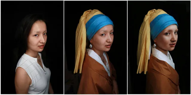 A combination picture shows makeup artist He Yuhong, also known as “Yuya”, posing without her makeup and garments (L), and without her makeup (C) following her transformation (R) into the “Girl with a Pearl Earring”, the 17th century oil painting by Dutch painter Johannes Vermeer, at her house in Chongqing, China August 14, 2018. (Photo by Thomas Suen/Reuters)