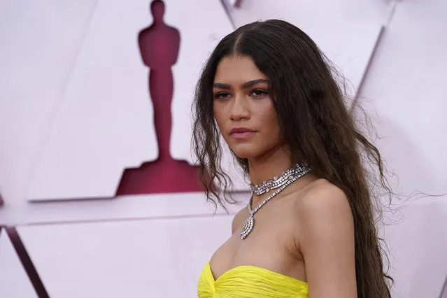 Zendaya arrives at the Oscars on Sunday, April 25, 2021, at Union Station in Los Angeles. (Photo by Chris Pizzello/Pool via AP Photo)