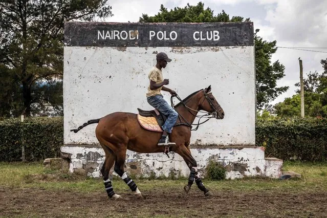 A stableman warms up a polo pony before a match during the Casino Cup at the Nairobi Polo Club in Nairobi on September 23, 2023. Founded in 1907, Nairobi Polo Club is the oldest polo club in East Africa and hosts several prominent tournaments every year. Polo is gaining big popularity in Nairobi as more Kenyans get interested in the polo culture and the lifestyle surrounding it. (Photo by Luis Tato/AFP Photo)