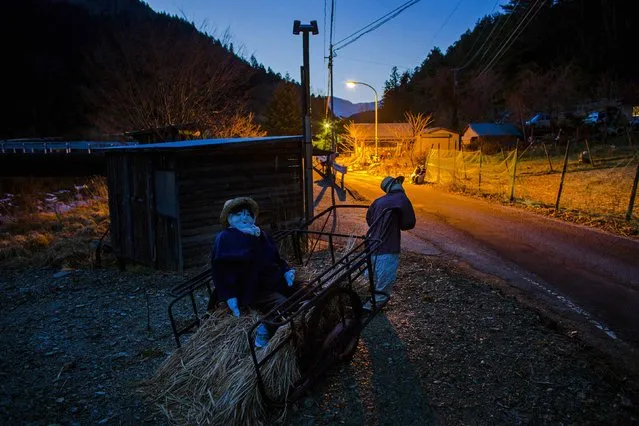 Scarecrows are seen at sunset in Nagoro on Shikoku Island in southern Japan February 23, 2015. (Photo by Thomas Peter/Reuters)
